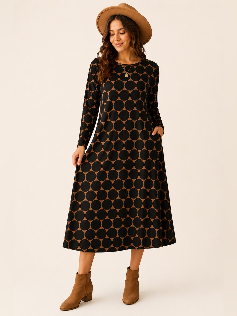 You Can Only Imagine Polka Dot Maxi Dress 1X Brown Black Long Sleeve Modest